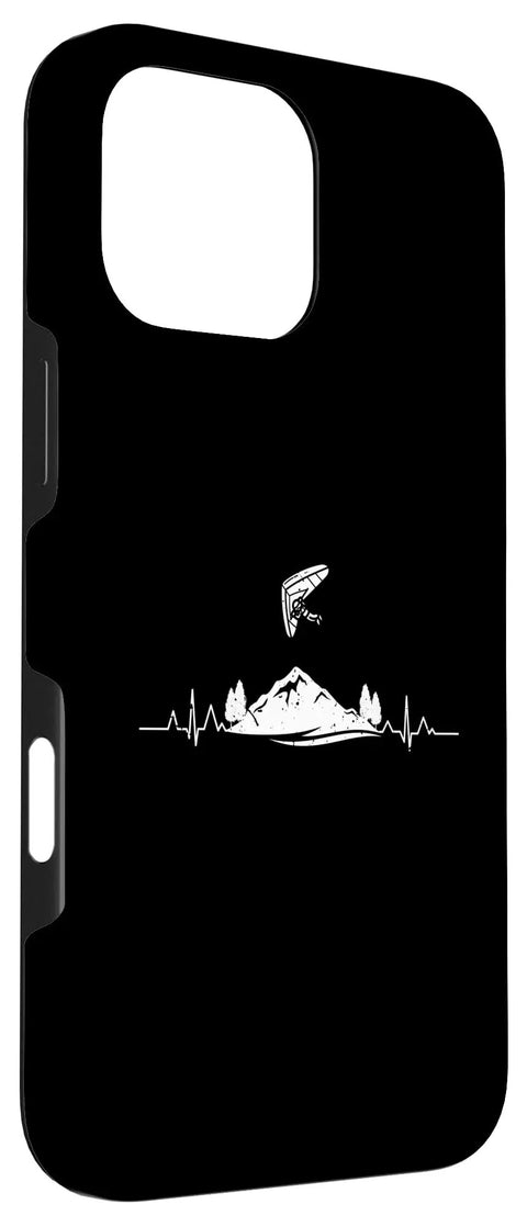 Dope Hang Glider Art iPhone 16 Pro Max Case Two Part Protective Shell with mountain and heartbeat design.
