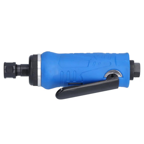 Heavy Workhorse Pneumatic Air Die Grinder Featuring Bulletproof Sealed Ball Bearings And Swappable 3mm 6mm Chucks, blue handle visible.