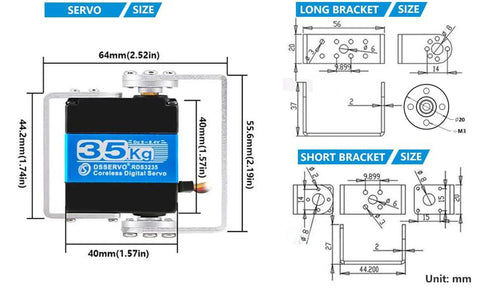 Dual Axis Waterproof 35Kg Servo For Robot Arm RDS3235 High Torque Full Metal Gears With U Mounting Bracket dimensions diagram