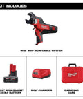 Heavy Duty Cordless Ratcheting Cable Cutter Kit Packs Serious Punch To Easily Rip Through 600 MCM Copper And 750 MCM Aluminum With Low Profile Jaws Built For Cramped Electrical Panels includes a cordless cable cutter, battery, charger, and case.
