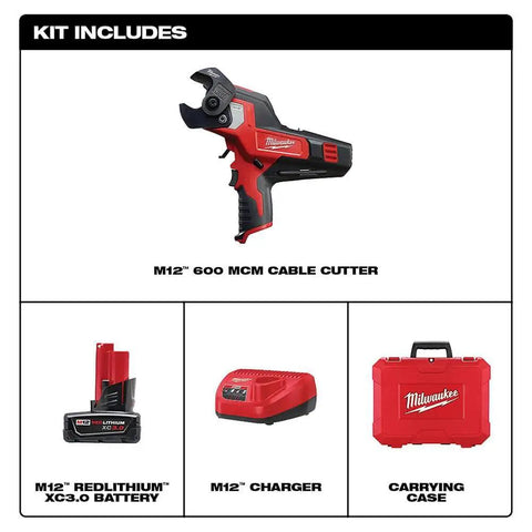 Heavy Duty Cordless Ratcheting Cable Cutter Kit Packs Serious Punch To Easily Rip Through 600 MCM Copper And 750 MCM Aluminum With Low Profile Jaws Built For Cramped Electrical Panels includes a cordless cable cutter, battery, charger, and case.