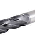 Roughing end mill, 1/2 in diameter, 4-flute with spiral flutes.