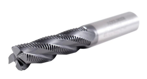 Roughing end mill, 1/2 in diameter, 4-flute with spiral flutes.