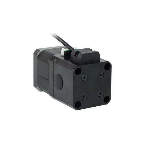 Front view of black 12V NEMA17 stepper motor with four mounting screws and four-lead cable.