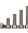 Rock Solid TA1 Titanium Hex Socket Cap Screws, M8 Metric Thread With Knurled Grip Head, Heavy Duty Fasteners Built Tough For Truck Restoration And Precision Engineering Projects Pack Of Five, showing size variation.