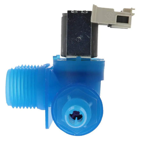 Washer Water Valve Replacement For Whirlpool With Two Coils Hot And Cold Three Eighth Inch Outlet, blue valve side view