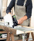 Badass Zero Fuss Plunge Saw With Aluminum Track Guide For Dial In Accuracy And Smooth Laminate Cuts 1600 Watt Motor in use on wood.
