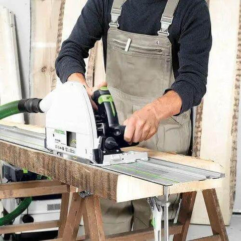 Badass Zero Fuss Plunge Saw With Aluminum Track Guide For Dial In Accuracy And Smooth Laminate Cuts 1600 Watt Motor in use on wood.