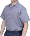 Men's Micro Check Short Sleeve Work Shirt, Heavy Duty Industrial Auto Mechanic Uniform, stain resistant poly cotton blend, button closure.