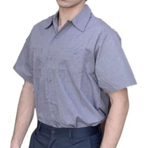 Men's Micro Check Short Sleeve Work Shirt, Heavy Duty Industrial Auto Mechanic Uniform, stain resistant poly cotton blend, button closure.