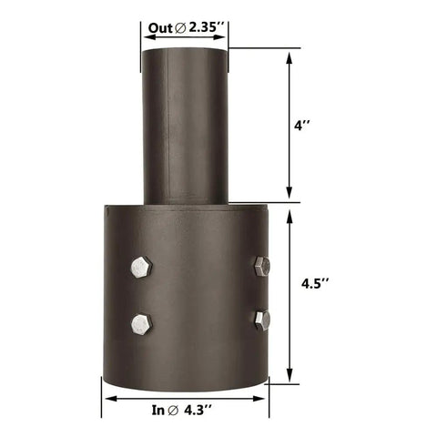4 Inch To Two And Three Eighths Inch Round Tenon Adapter For Outdoor Lighting Poles In Bronze, Bullhorn Mount Bracket Kit With Slip Fitter Reducer For Exterior Fixtures, Heavy Duty Powdered Metal Steel Construction