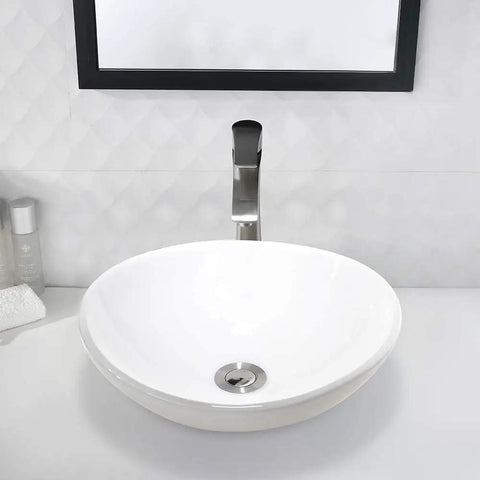White Vessel Sink And Brushed Nickel Faucet Combo For Above-Counter Bathroom Vanity, 16x13 Inch Oval Sink With Matching Pop-Up Drain