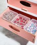 Six Piece Mini Clear Plastic Storage Containers Set with beads in pink drawer