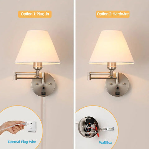 Swing Arm Wall Lamp With Plug In Design Dimmable Light USB Charging Port White Fabric Shade Nickel Finish Ideal For Bedside Living Room And Reading Nook Easy Setup And Cozy Ambience with plug-in and hardwire options shown