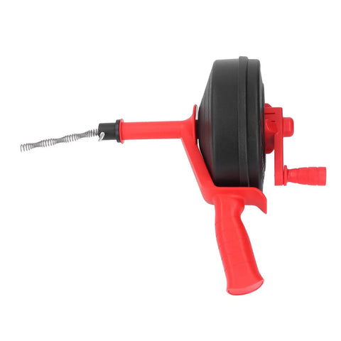 Heavy Duty Hand Crank Drain Auger Snake 10 Meter Pipe Cleaner For Home Plumbing Tub And Sink Clogs, side view showing steel spring core and ABS handle.
