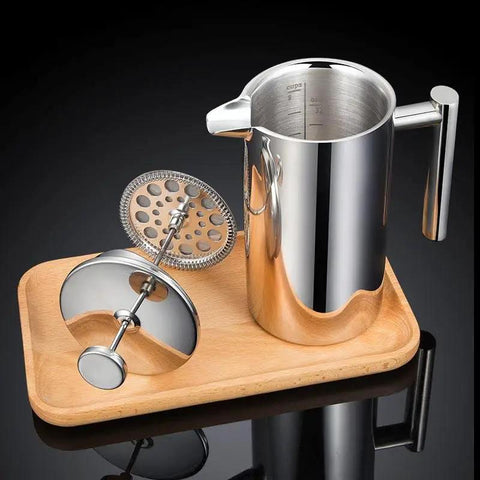 Premium Stainless Steel French Press Plunger Filter Replacement For 34oz Coffee Maker on a wood tray with mesh screen.