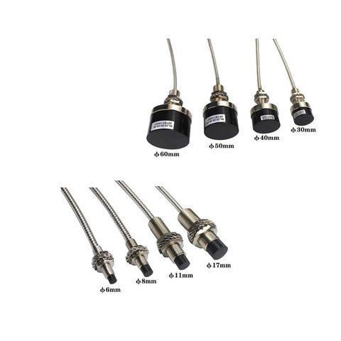 Eddy Current Displacement Sensor Non Contact 25mm And 12.5mm Range showing multiple sensor sizes and stainless steel material