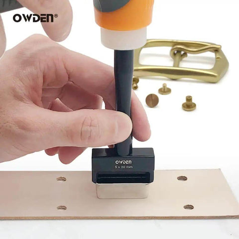 Oblong Leather Hole Punch Set With 19 Sizes And Nylon Pad in use on leather, showing precise hole punching with tools and fasteners.