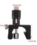 Side view of two piece planer blade setting jigs for woodworking with micro adjustable magnets and measurements, shown in black.