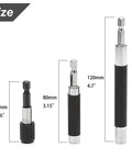 Three-piece Magnetic Screw Drive Guide Drill Bit Tip Holder And Pro Grade Screwdriver Bit Holder with size measurements