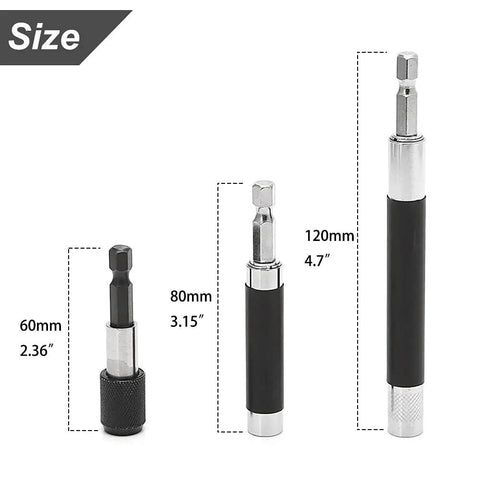 Three-piece Magnetic Screw Drive Guide Drill Bit Tip Holder And Pro Grade Screwdriver Bit Holder with size measurements