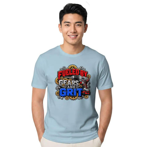 Rad Mechanical Engineer T-Shirt For Gear Heads And Workshop Grinders, light blue cotton tee with gear graphics worn by smiling model.