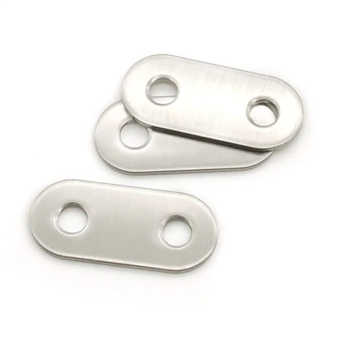 No Fuss Heavy Duty Straight Flat Corner Braces 50 Piece Metal Joining Plates With Mounting Screws Easy Install Shelf And Desk Repair Brackets showing three flat steel plates with holes.