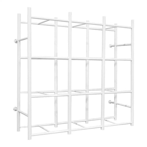 Heavy Duty Wall Mount Steel Shelving Rack With 12 Tote Bin Slots For Garage Storage, white frame, 69 inches wide, no bins included.