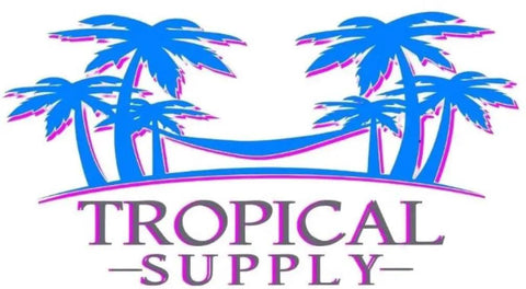 Tropical Supply logo featuring palm trees and a hammock in vibrant blue and pink colors.
