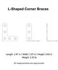 Diagram of Heavy Duty 2x2 Inch Steel L Shaped Corner Braces For Tables And Shelves With Screws, dimensions shown