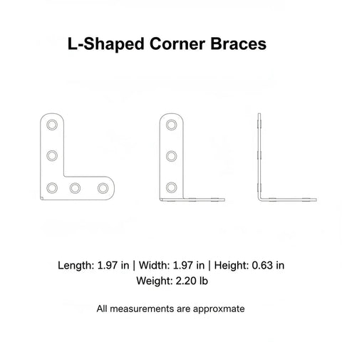 Diagram of Heavy Duty 2x2 Inch Steel L Shaped Corner Braces For Furniture Assembly with dimensions, right angle view.