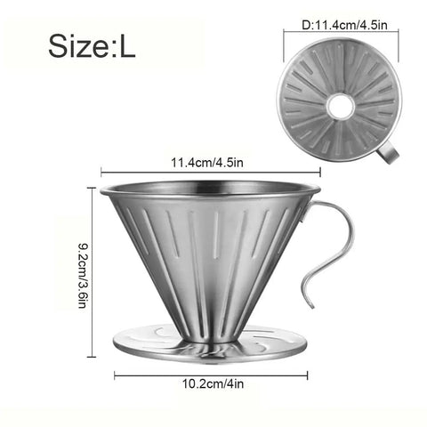 Pour Over Coffee Dripper In 304 Stainless Steel V Shape Slow Drip Filter, Reusable Coffee Filter With Long Heat Resistant Handle, Size L