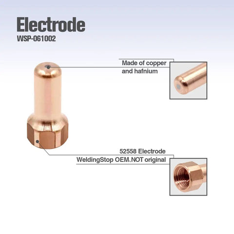 Close-up of 20Pcs PT-80 Plasma Cutter Consumables Set Pro Grade With Electrodes And Nozzles copper electrode with text labels