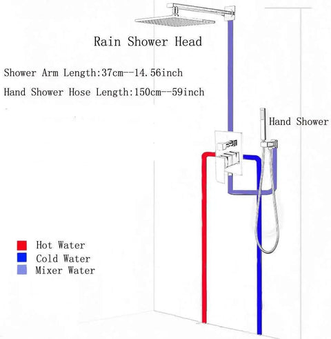 Diagram of Two Way Chrome Shower System With 10 Inch LED Rain Head Wall Mounted Handheld Sprayer Brass Valve.