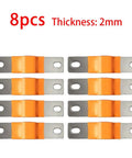 8 Piece Nickel Plated Copper Bus Bars Kit For Solar Power Arrays And Deep Cycle Batteries Heavy Duty, 2mm thick strips arranged in rows.