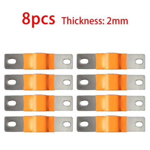 8 Piece Nickel Plated Copper Bus Bars Kit For Solar Power Arrays And Deep Cycle Batteries Heavy Duty, 2mm thick strips arranged in rows.