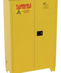 Kickass 45 Gallon Flammable Safety Cabinet With Self Closing Double Doors in bright yellow, for secure chemical storage.