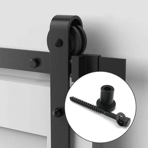 Close-up of installed Five Pack One And One Sixteenth Inch Barn Door Wall Spacers with screws for sliding hardware, carbon steel, rust-resistant.