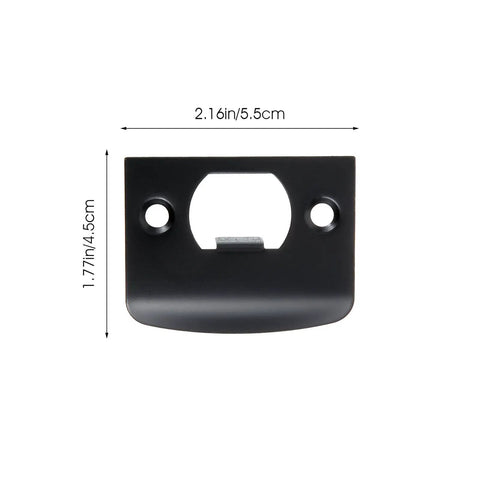 Front view of Stainless Steel Door Strike Plate Black for exterior doors with dimensions, beefed up deadbolt reinforcement.