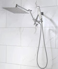 10 Inch Rainfall Shower Head With Handheld Spray Combo In All Metal Chrome 3 Way Diverter Adjustable Extension Arm displayed on tile
