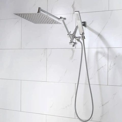 10 Inch Rainfall Shower Head With Handheld Spray Combo In All Metal Chrome 3 Way Diverter Adjustable Extension Arm displayed on tile