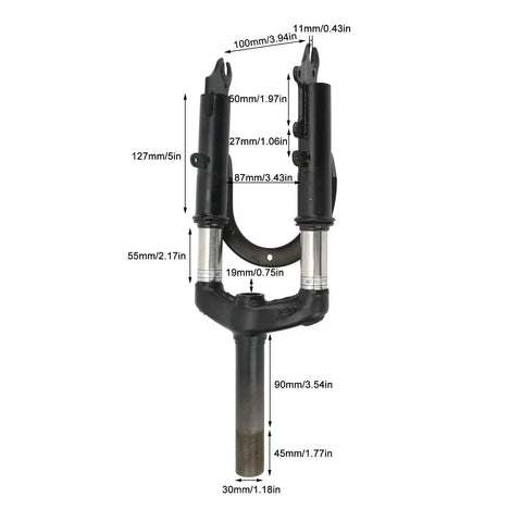 Front Suspension Fork Aluminum Alloy Replacement For Electric Bikes Lightweight MTB Fork Upgrade with dimensions labeled