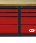 Heavy Duty Eight Drawer Garage Workbench Rugged Steel Workshop Station With Precision Torque Frame And Top Notch Snag Storage Built For Real Car Guys And Shop Crews, featuring red drawers and wooden top.