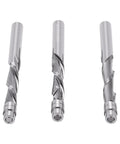 Top Tier 1/4 Inch Flush Trim Router Bit Set With Tungsten Steel Down Spiral Cutting Edge For Professional Woodworking CNC Machines And Exact Finish Cuts On Hardwood Projects Today - three bits showcasing tungsten steel construction and spiral design.