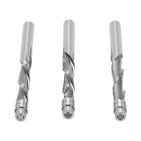 Top Tier 1/4 Inch Flush Trim Router Bit Set With Tungsten Steel Down Spiral Cutting Edge For Professional Woodworking CNC Machines And Exact Finish Cuts On Hardwood Projects Today - three bits showcasing tungsten steel construction and spiral design.
