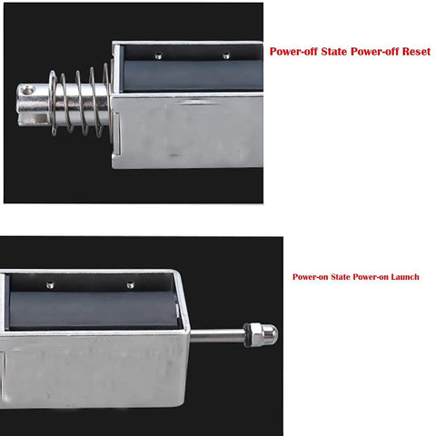 12V DC Push Pull Open Frame Solenoid Electromagnet With 80N Force And 15mm Stroke, 120W, 10A, Linear Motion Actuator For Transport Equipment, Built For Fast, Smooth Action And Heavy Duty Magnetic Plunger System, side view with spring plunger