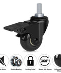 Two Inch Swivel Caster Wheels With Three Eighths Inch 16 UNC Threaded Stem for carts featuring brake lock and smooth black wheel.
