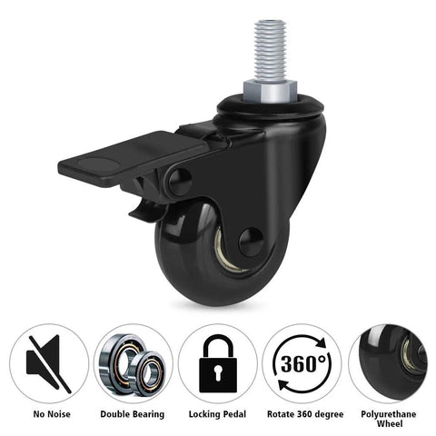 Two Inch Swivel Caster Wheels With Three Eighths Inch 16 UNC Threaded Stem for carts featuring brake lock and smooth black wheel.