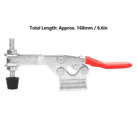 Beefy Heavy Duty Toggle Clamp With Galvanized Iron Construction Horizontal Handle Quick Clamp Ergonomic Grip For Machining Assembly Industrial Testing And Fixed Workholding 227 Kilogram Pulling Force, shown side view with red handle.