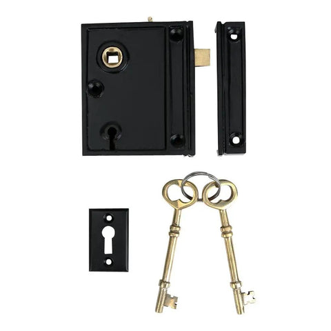 Heavy Duty Cast Iron Rim Lock Built To Last With Weather And Rust Resistance For French And Screen Doors, manual latch shown